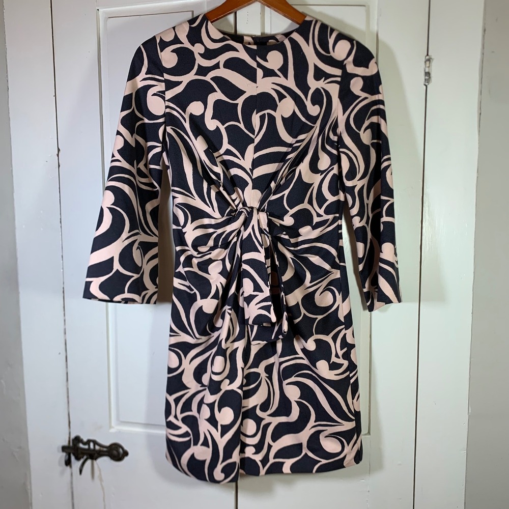 H&M Pink Black Abstract Swirl Front Tie Knot Mini Dress Sz 6 Office TAGS FLAW